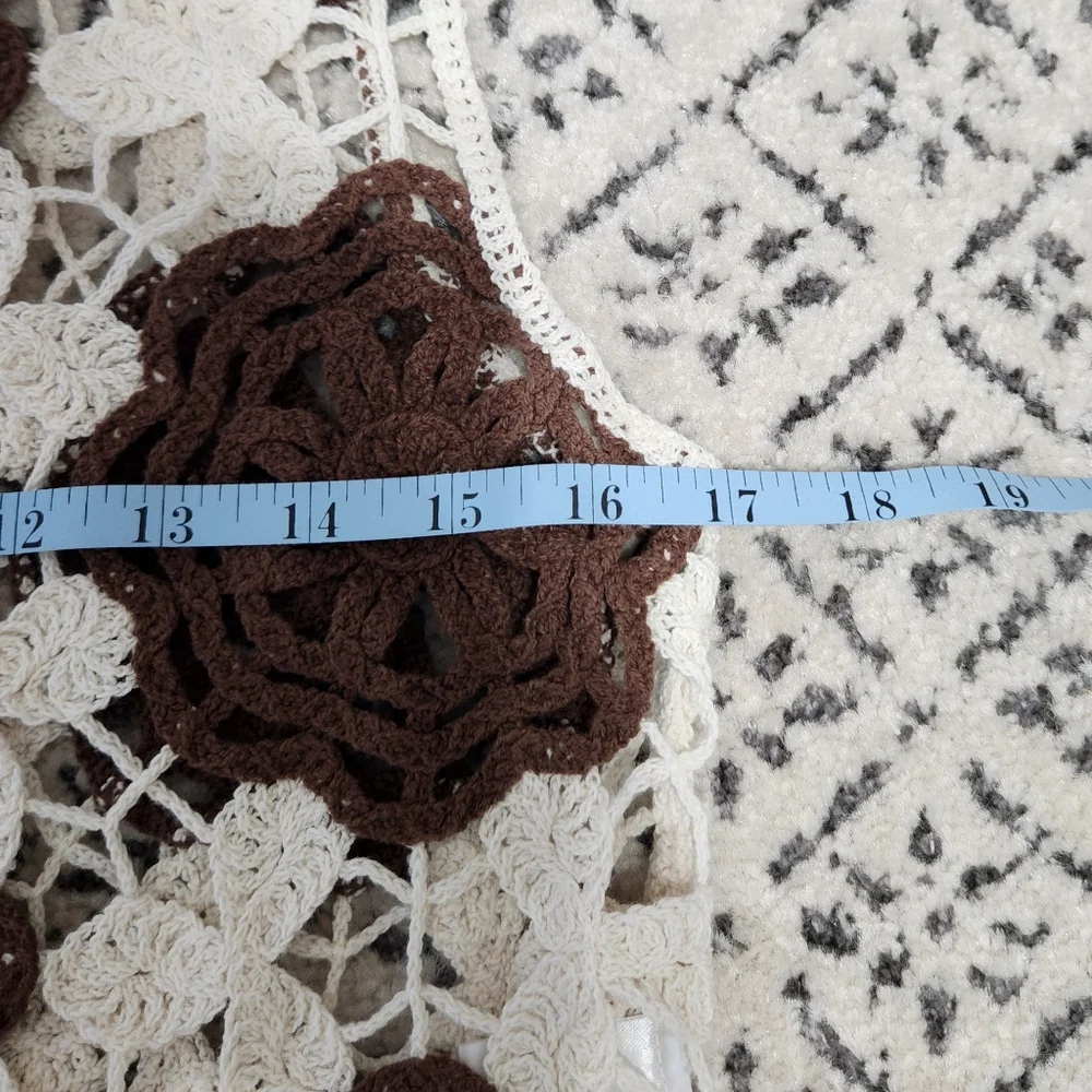 Crochet Sweater Vest Tank Cream Brown Cropped Y2K Boho-chic Grandma Hippie S - Picture 8 of 11